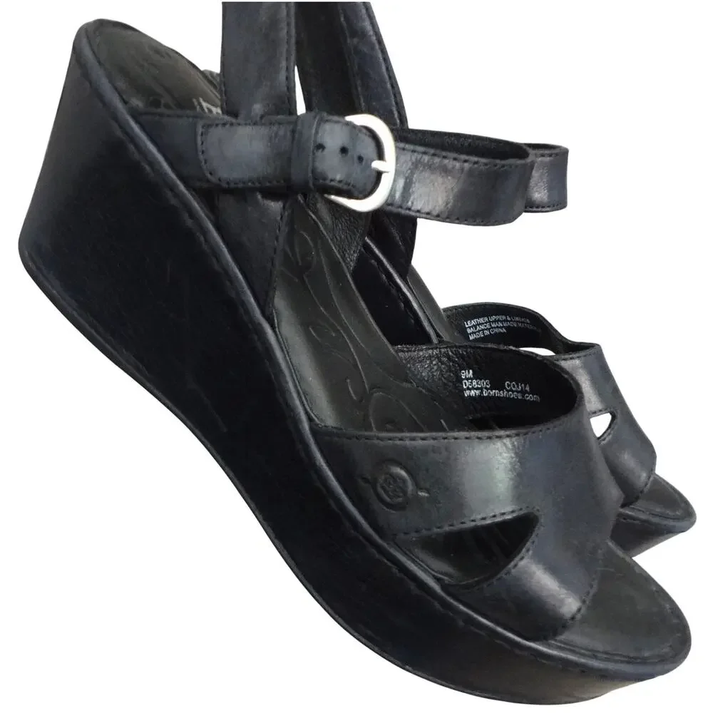 Born Du Jour Black Leather Wedge Sandals Ankle Strap Slingback Comfort Womens 9